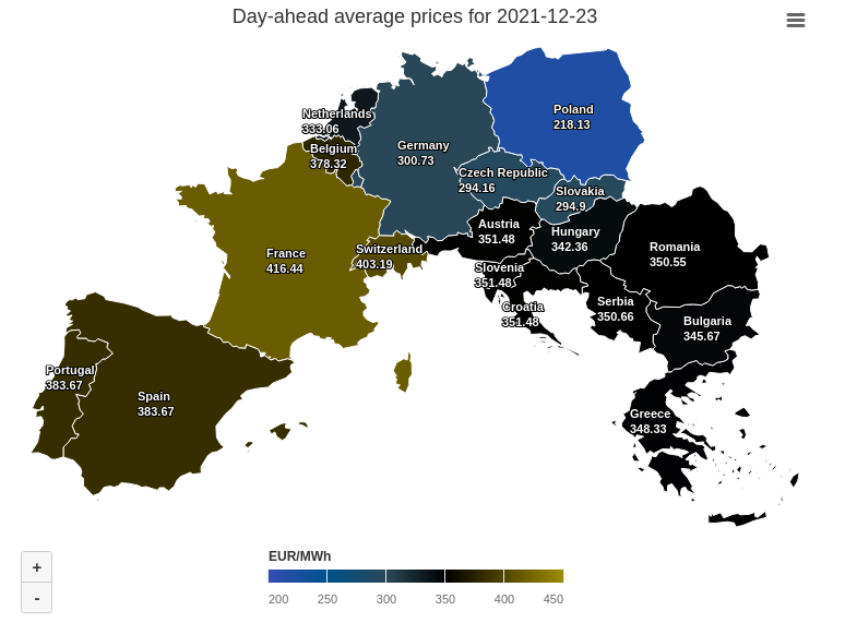 Mapa con los precios de la electricidad en Europa